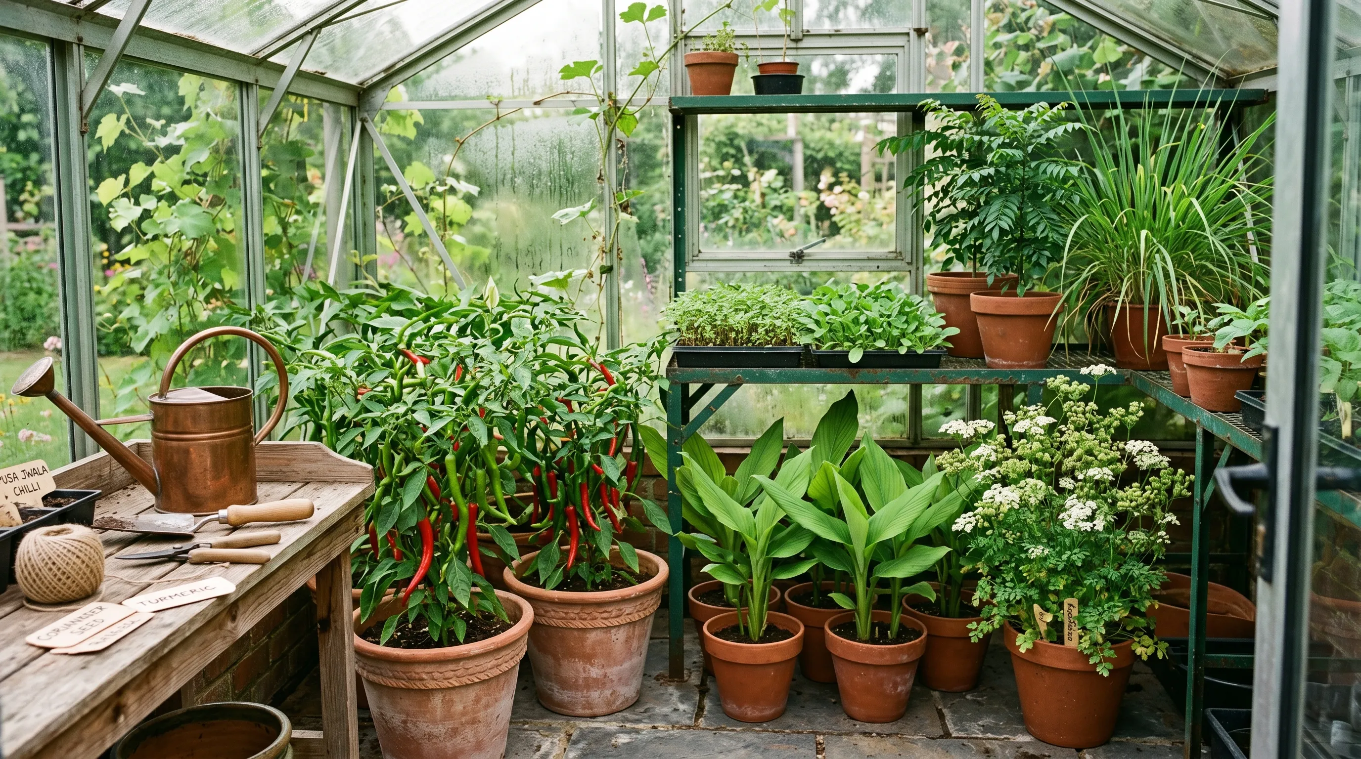 UK aluminium greenhouse interior in late June with Pusa Jwala chillies in red fruit, turmeric in leaf, fresh coriander seeding, fenugreek seedlings on green staging and a curry leaf plant in a terracotta pot