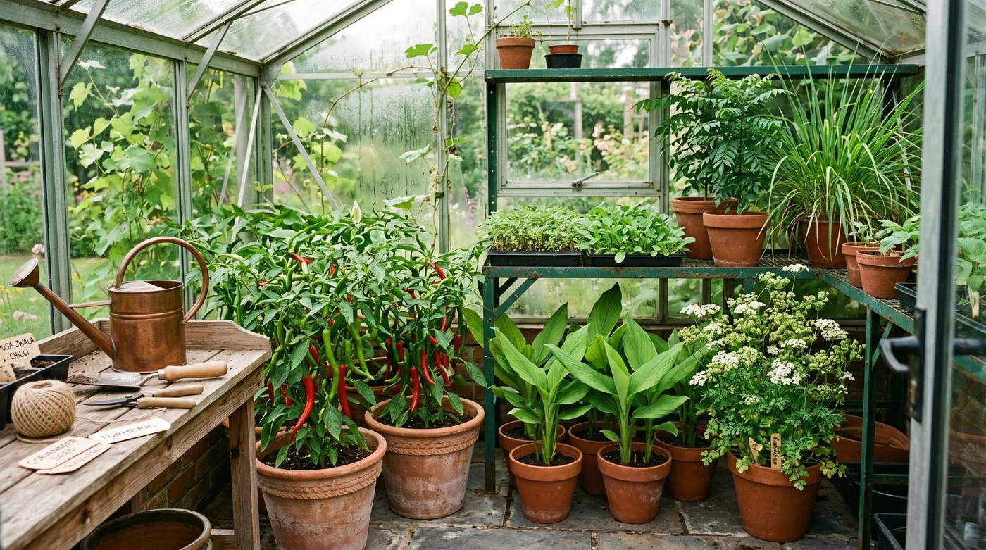 UK aluminium greenhouse interior in late June with Pusa Jwala chillies in red fruit, turmeric in leaf, fresh coriander seeding, fenugreek seedlings on green staging and a curry leaf plant in a terracotta pot