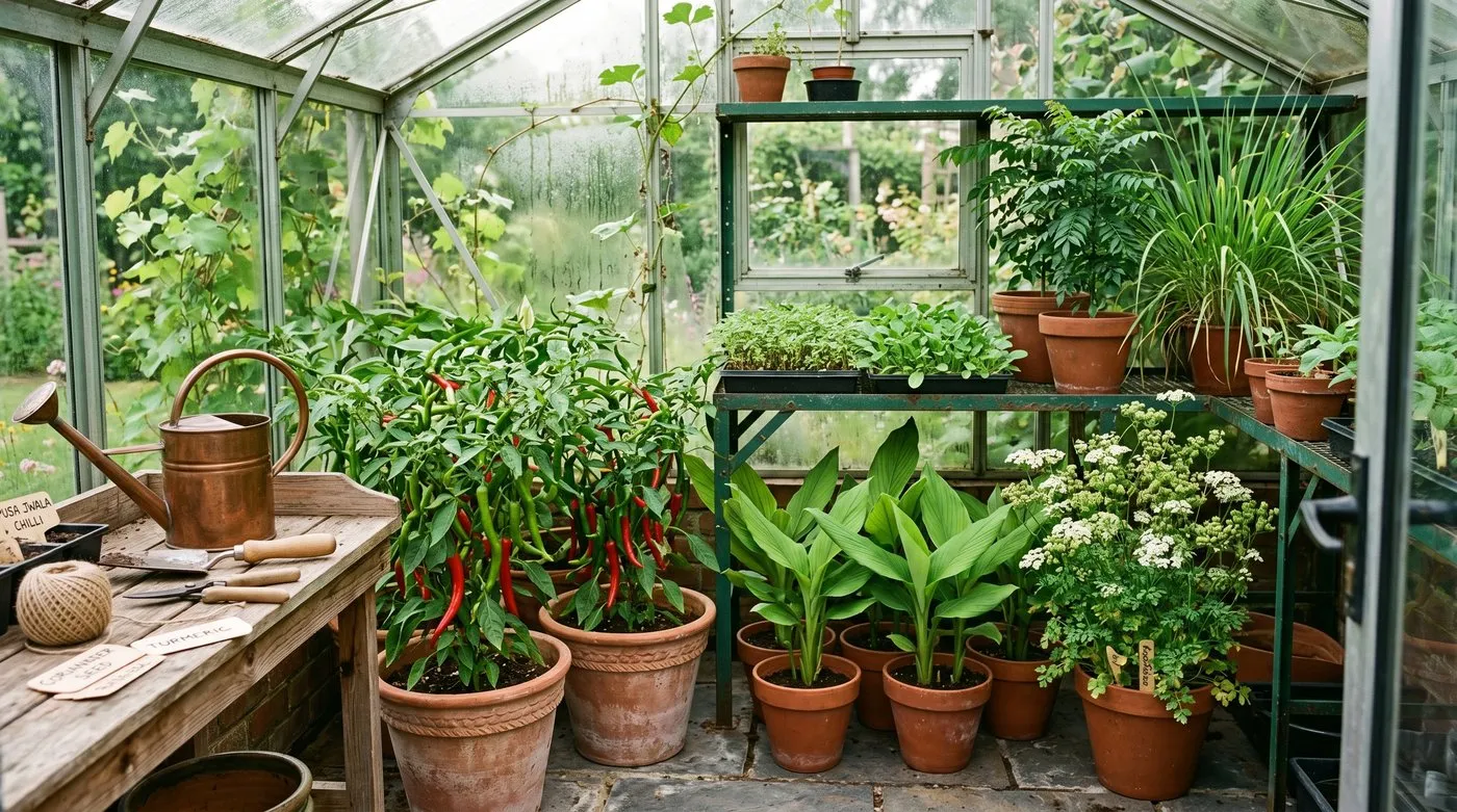 UK aluminium greenhouse interior in late June with Pusa Jwala chillies in red fruit, turmeric in leaf, fresh coriander seeding, fenugreek seedlings on green staging and a curry leaf plant in a terracotta pot