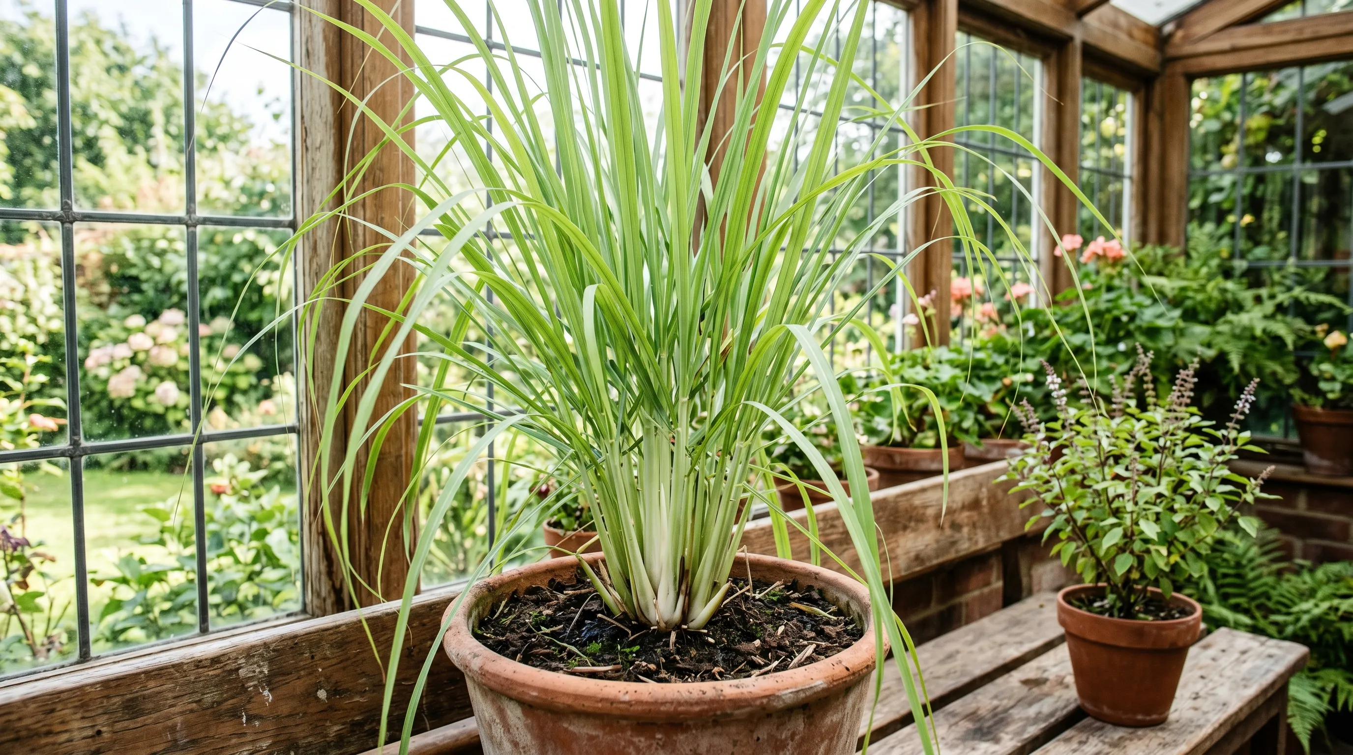 Editorial photograph of a vigorous lemongrass clump in a 35cm terracotta pot in a UK conservatory with tall arching pale green leaves and visible swollen stem bases at soil level