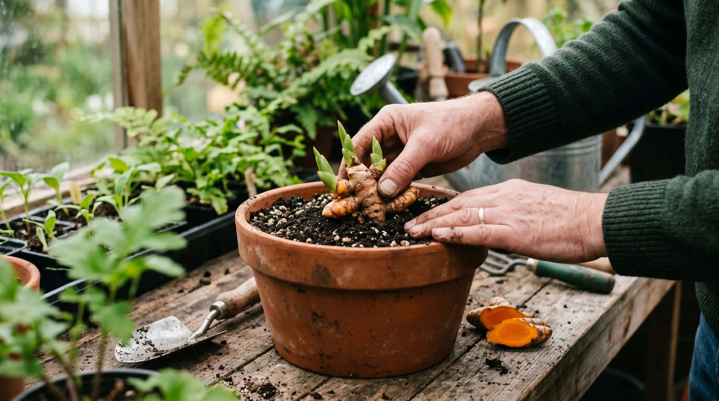 Editorial close-up of hands placing a fresh turmeric rhizome with green buds into a 25cm terracotta pot of compost on a wooden potting bench in a UK greenhouse with sliced bright orange rhizome visible on the side
