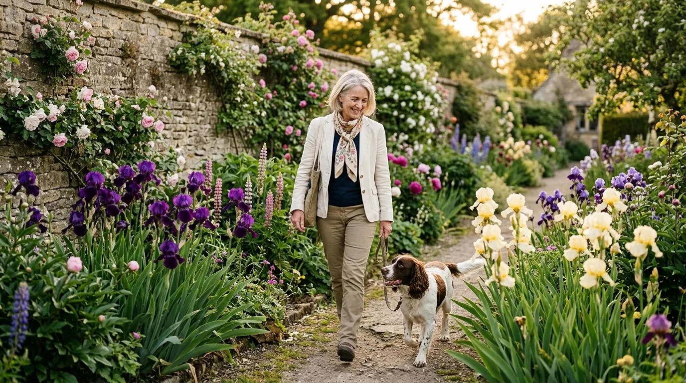 Grow iris UK showing tall bearded iris in full bloom in country garden