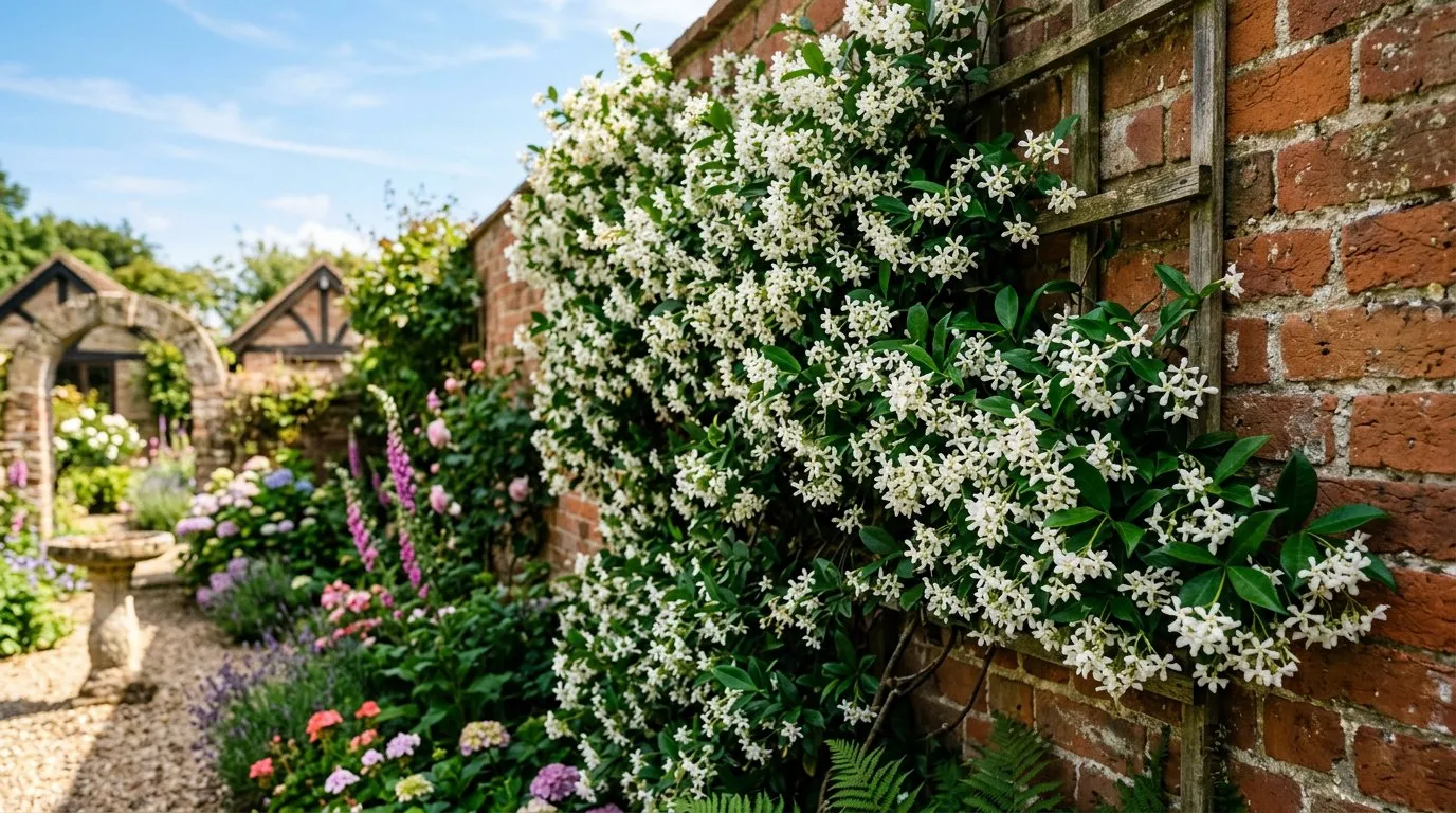 White summer jasmine flowers climbing a garden arch in a sunny UK garden with soft evening light