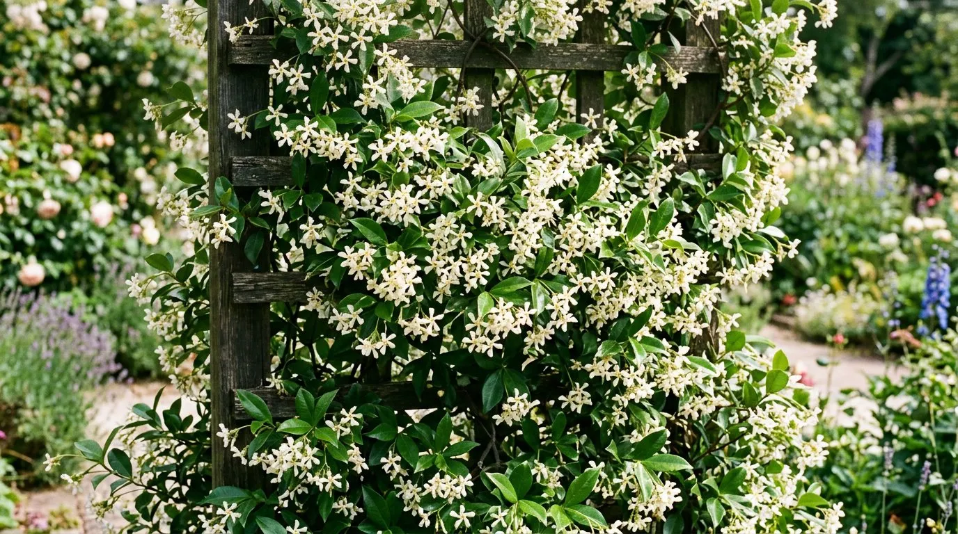 Star jasmine flowers close up with a bumblebee visiting, growing against a warm brick wall in summer
