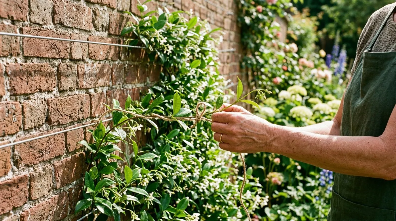 White-flowered summer jasmine trained along horizontal wires on a warm south-facing garden wall with deep green foliage