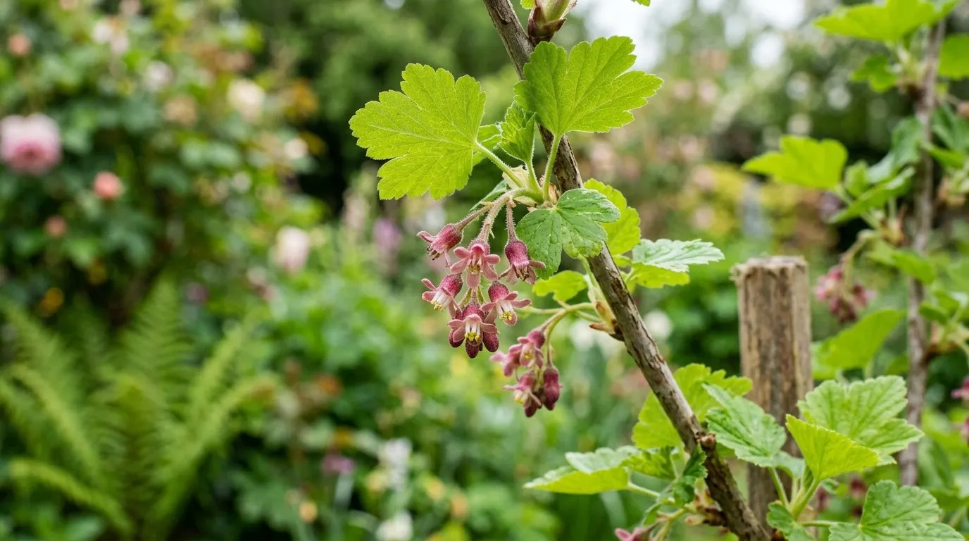 Close-up of jostaberry flowering in a UK garden border for jostaberry guide