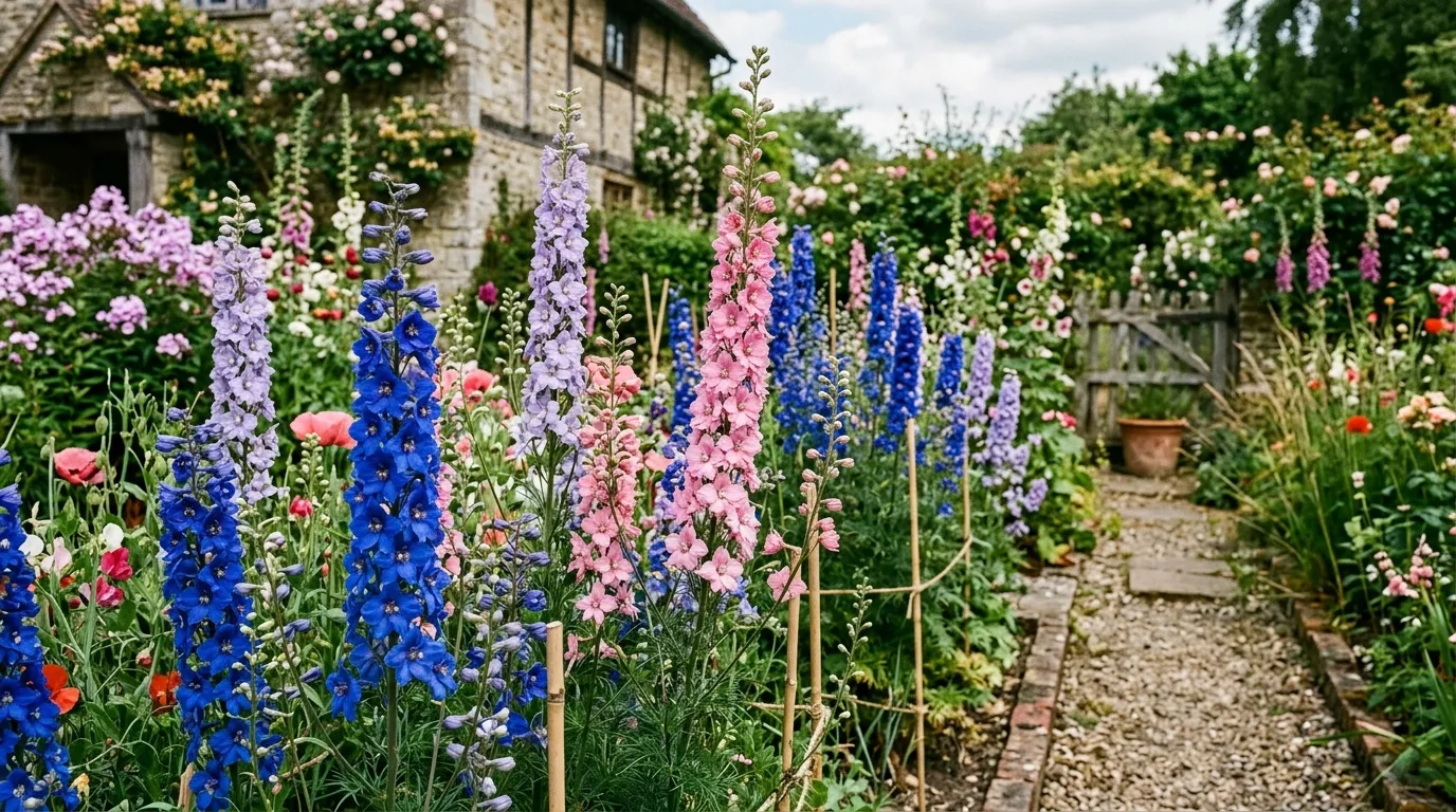 Blue and pink larkspur flowers growing in a UK cottage garden cutting bed