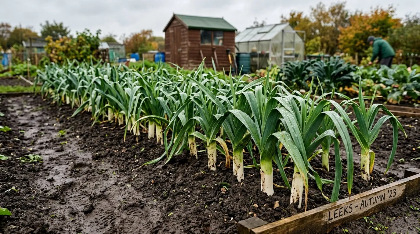 Thick leeks growing in neat rows in dark allotment soil