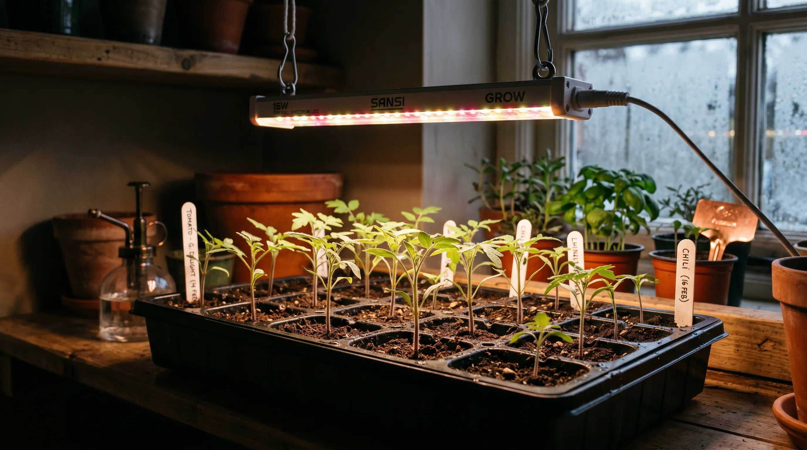 UK seedling tray under a small full-spectrum LED grow light in late winter with warm white light visible above young tomato seedlings extending the effective day length