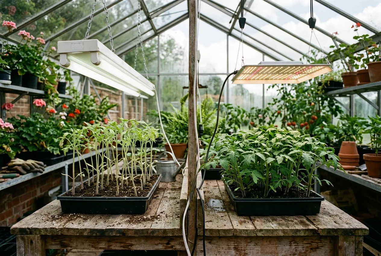 Two different grow light setups on a potting bench comparing fluorescent and LED results on seedling growth