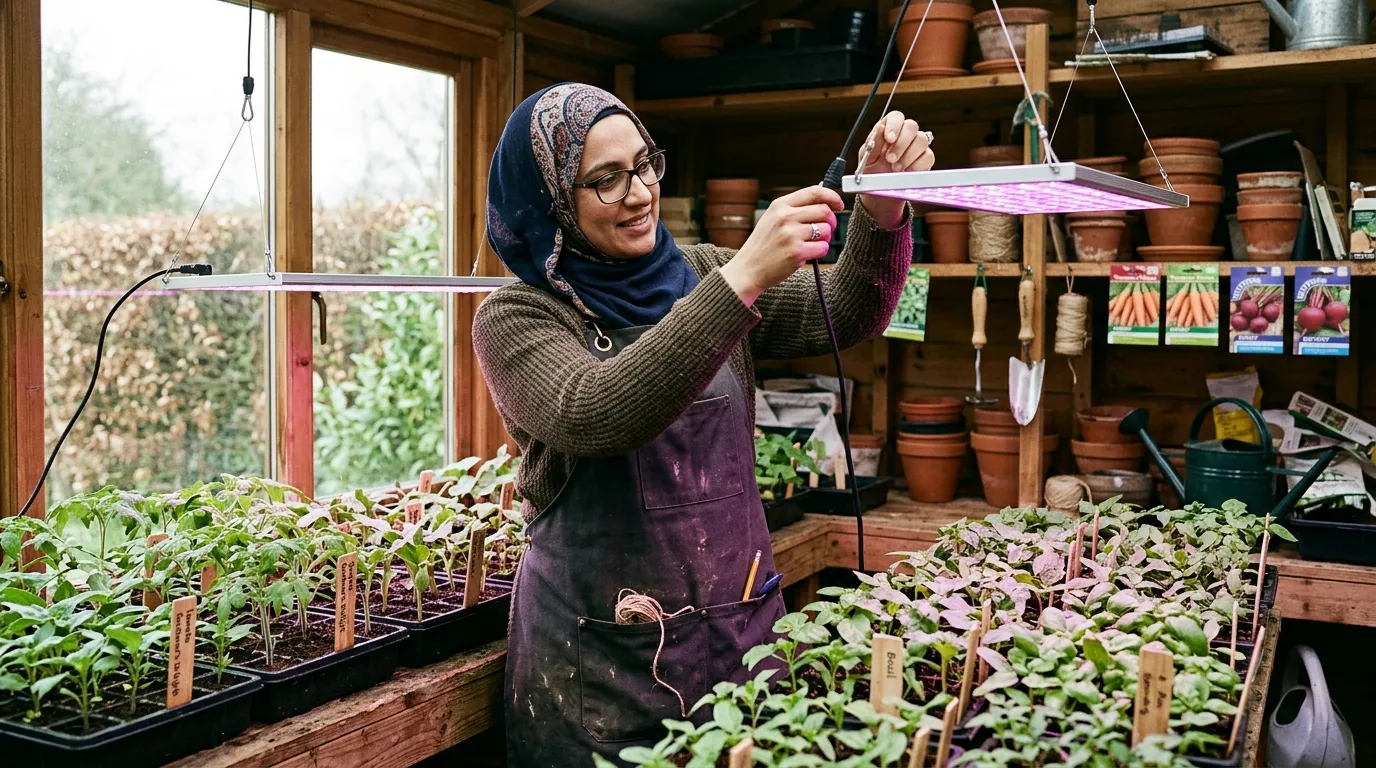 LED grow lights suspended over seed trays of young seedlings in a UK potting shed with purple-pink glow