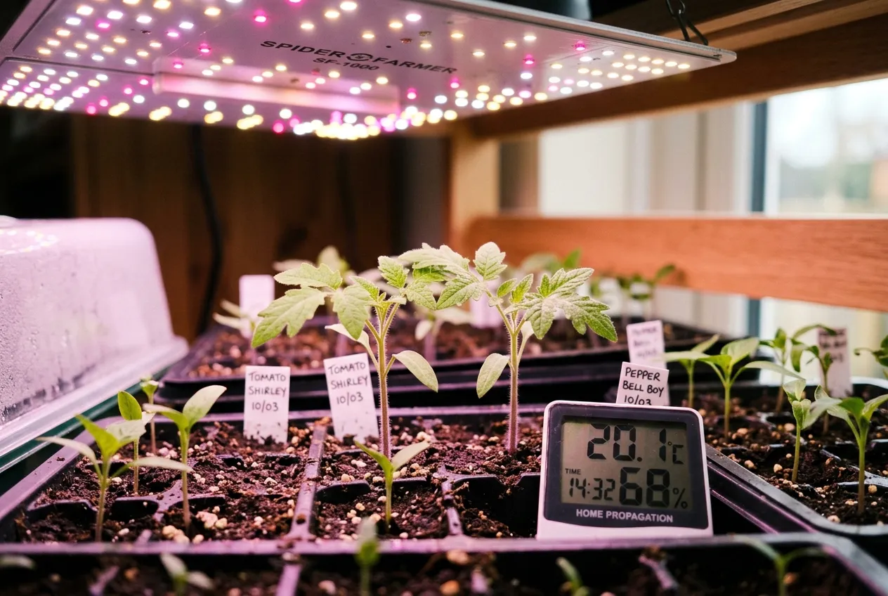 Seedlings growing under full-spectrum LED grow lights with purple-blue glow in a UK propagation setup