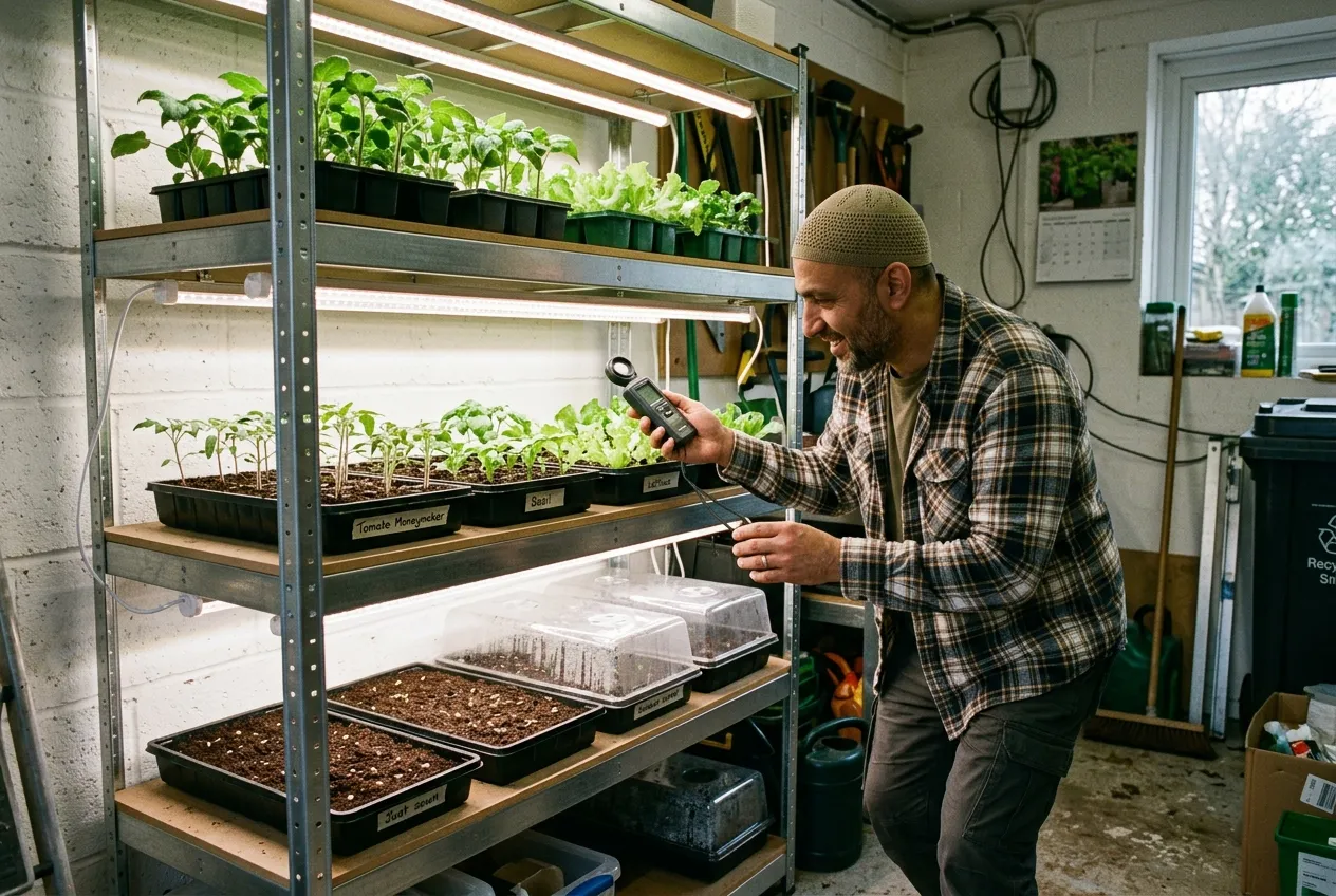 Tiered shelving unit with LED grow light strips under each shelf showing seedlings at different growth stages in a UK garage