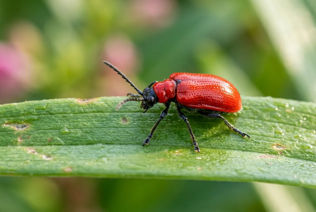 Red lily beetle on a leaf showing identification features for UK gardeners growing lilies