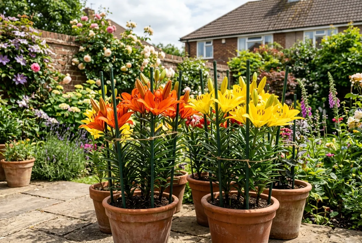 Lilies growing in terracotta containers on a UK patio showing how to grow lilies in pots