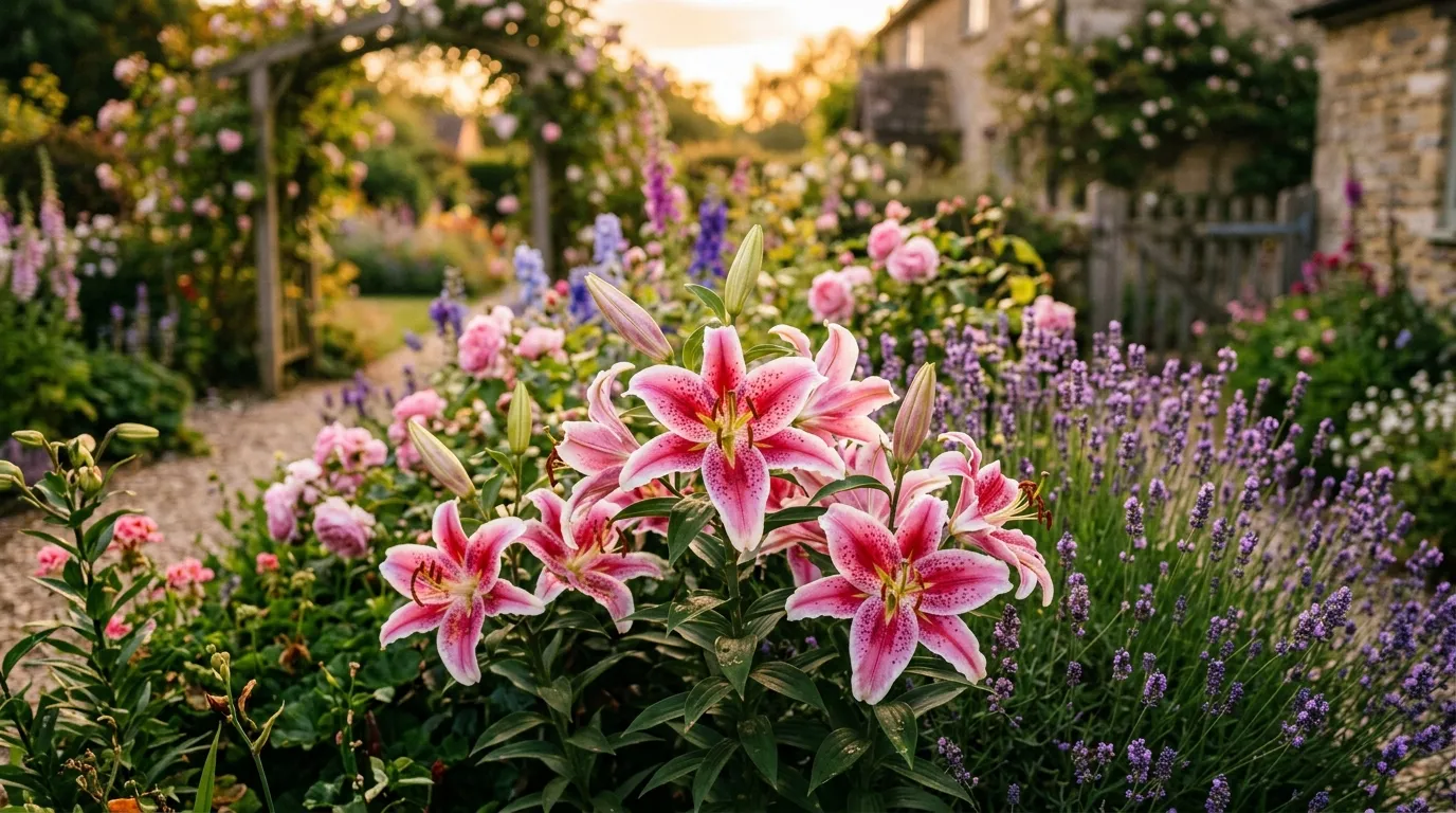 Colourful lilies growing in a sunny UK garden border showing how to grow lilies UK