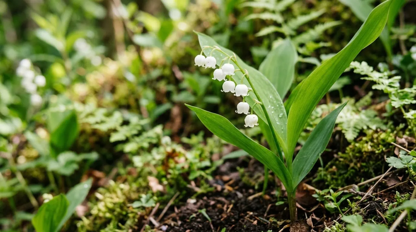 Close-up of lily of the valley flowering in a UK garden border for lily of the valley guide
