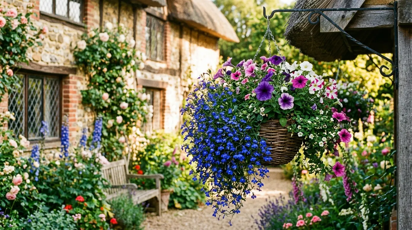 Trailing blue lobelia cascading from a UK hanging basket in a cottage garden
