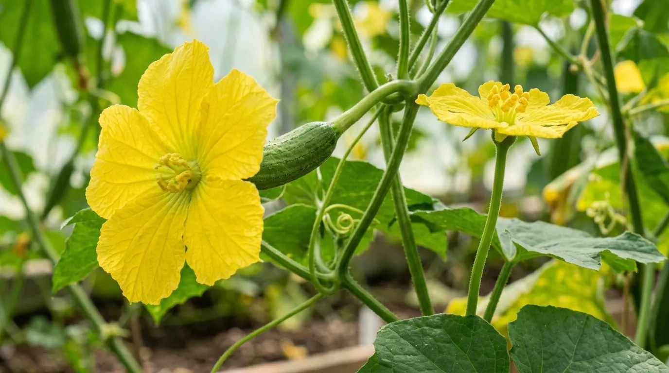 Diagnostic close-up of male and female luffa flowers side by side with the female showing fruit behind petals
