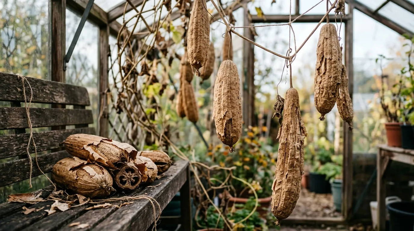 Mature dried brown luffa fruits hanging from a vine in autumn with harvested fruits on a wooden bench