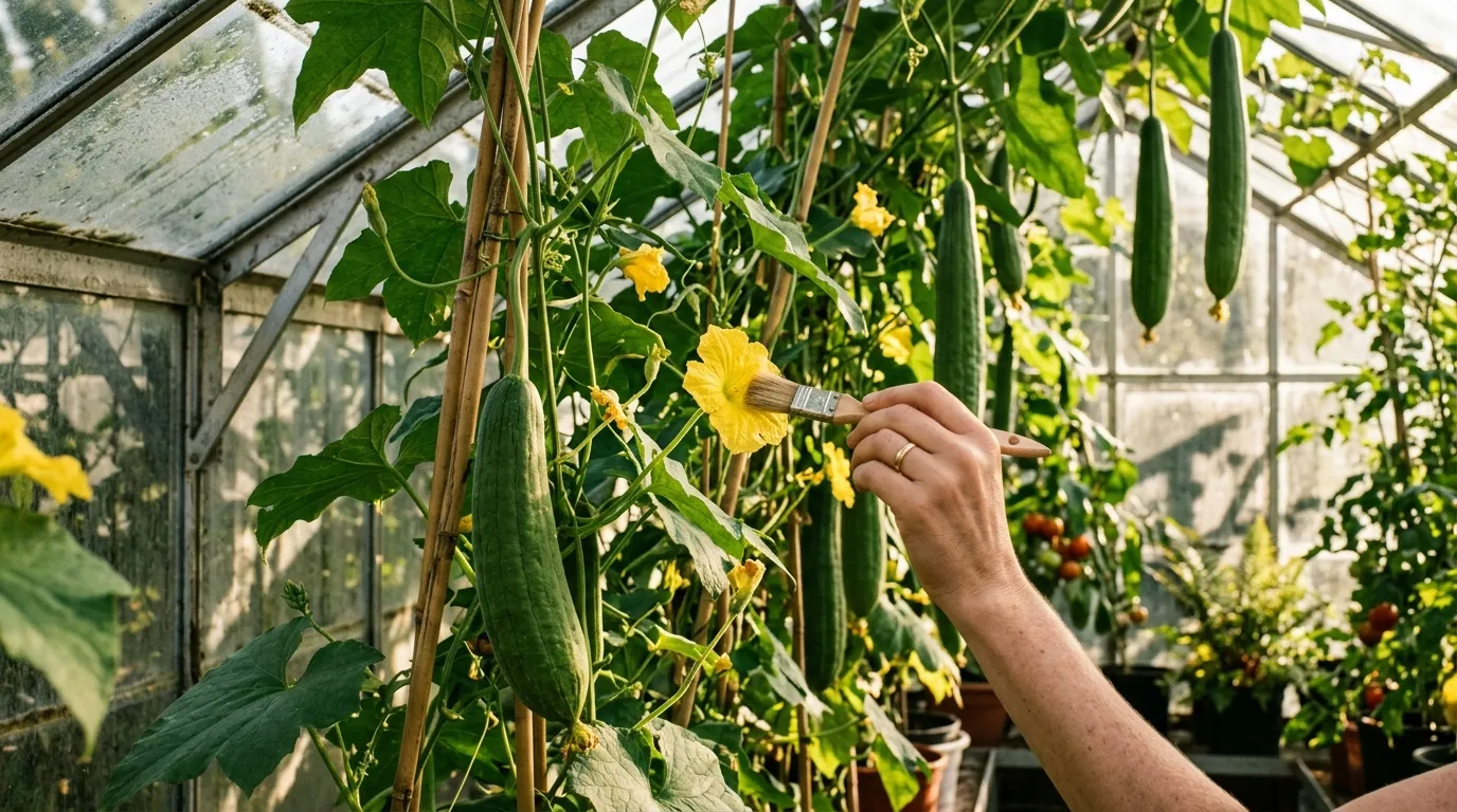 Mature luffa vines climbing bamboo canes inside a UK greenhouse with hanging green fruits in late summer
