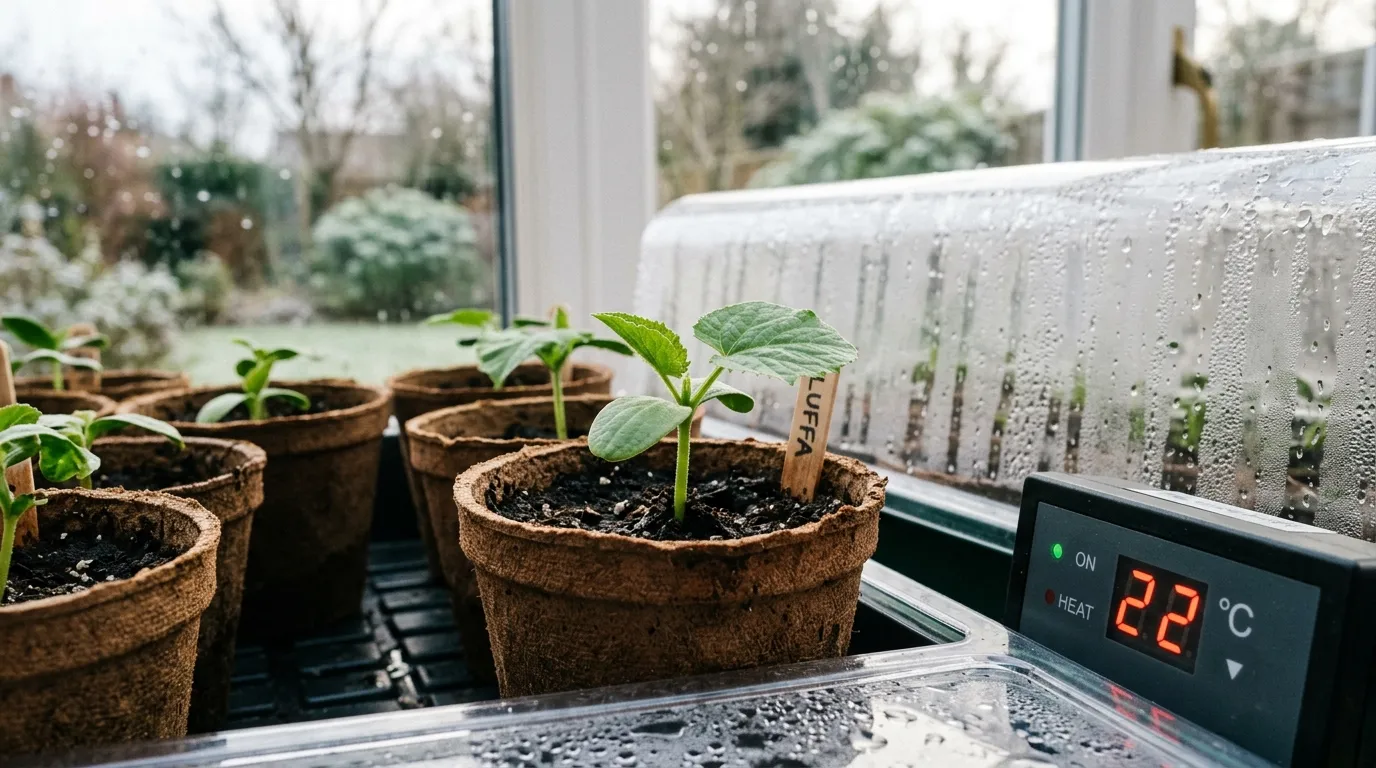 Small luffa seedlings in 9cm pots on a heated propagator showing 22C