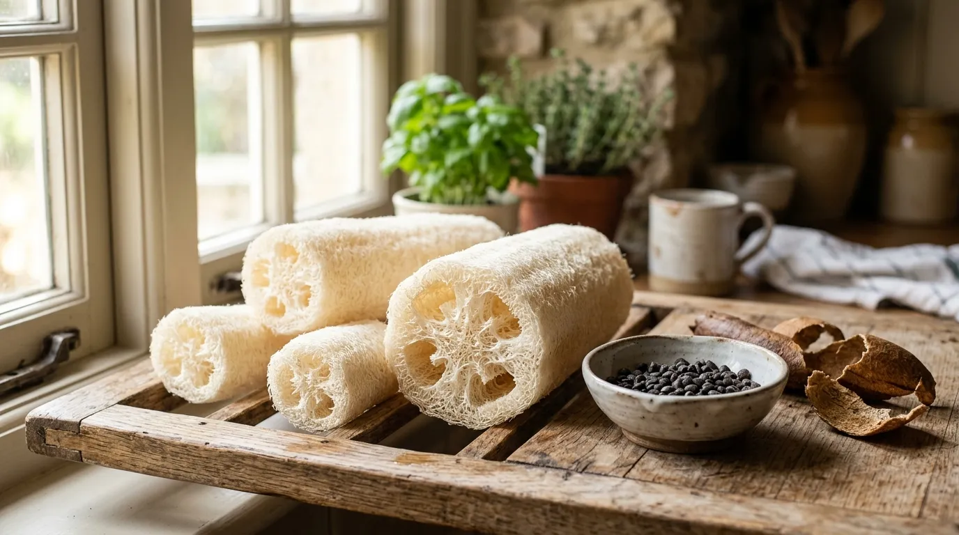 Finished cream-coloured natural loofah sponges drying on a wooden rack in a UK kitchen