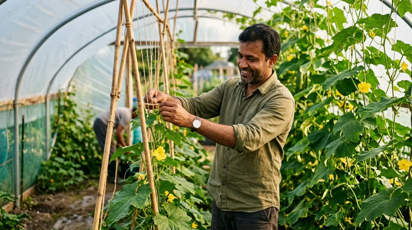 A Bangladeshi British man tying luffa vines onto bamboo canes inside a UK polytunnel