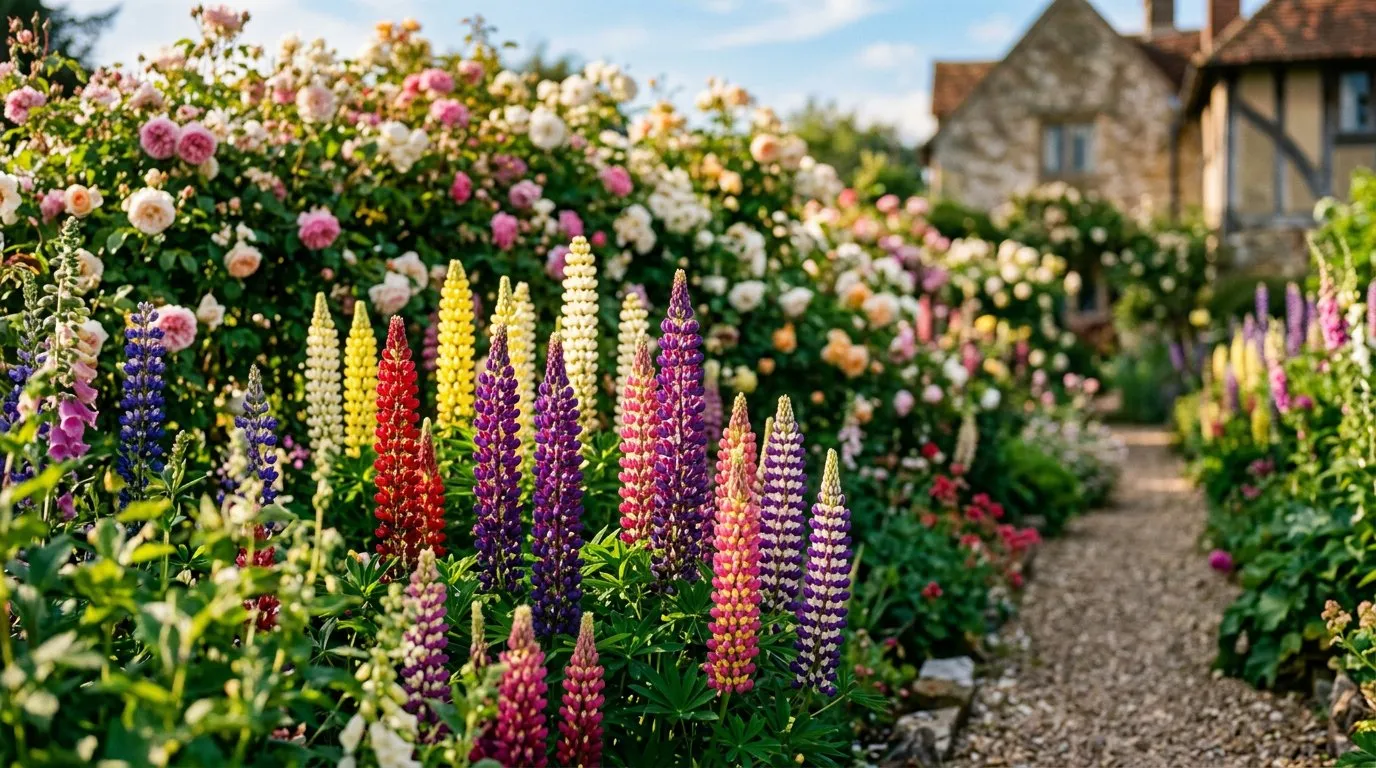 Colourful lupin flower spikes in pink, purple, and white growing in a UK cottage garden border