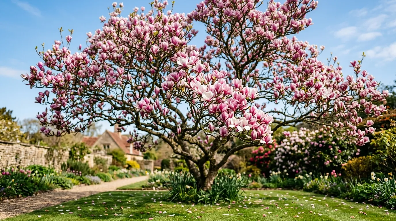Magnolia soulangeana tree in full bloom with pink and white flowers in a UK garden