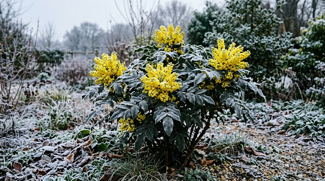 Yellow mahonia flowers in winter with dark evergreen leaves in a UK garden