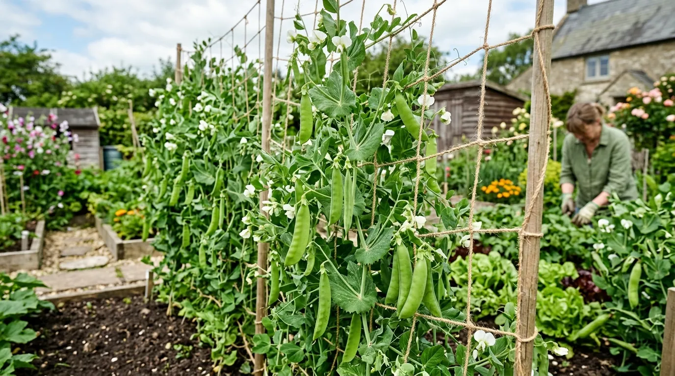 Mangetout and sugar snap peas growing on netting support in a UK kitchen garden