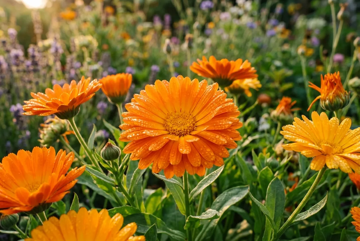 Pot marigold calendula flowers in deep orange with morning dew on petals in a UK cottage garden border