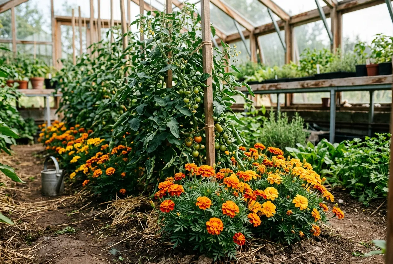 French marigolds growing as companion plants around the base of tomato plants inside a greenhouse