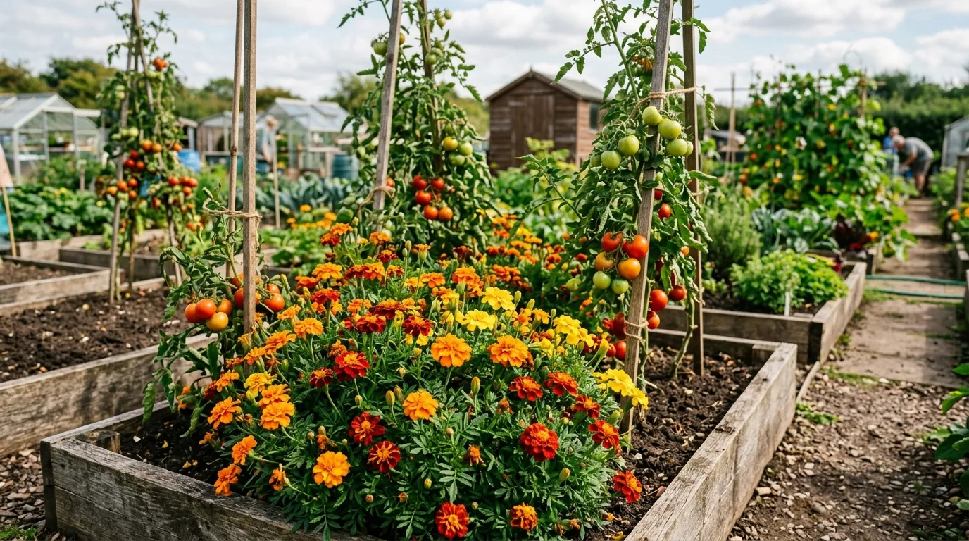 French marigolds in orange and yellow growing in a UK allotment raised bed alongside tomato plants