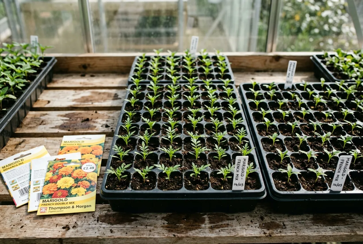 Marigold seedlings in module trays growing on a greenhouse bench with seed packets visible