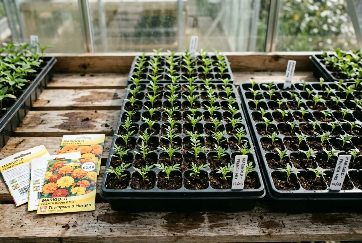 Marigold seedlings in module trays growing on a greenhouse bench with seed packets visible