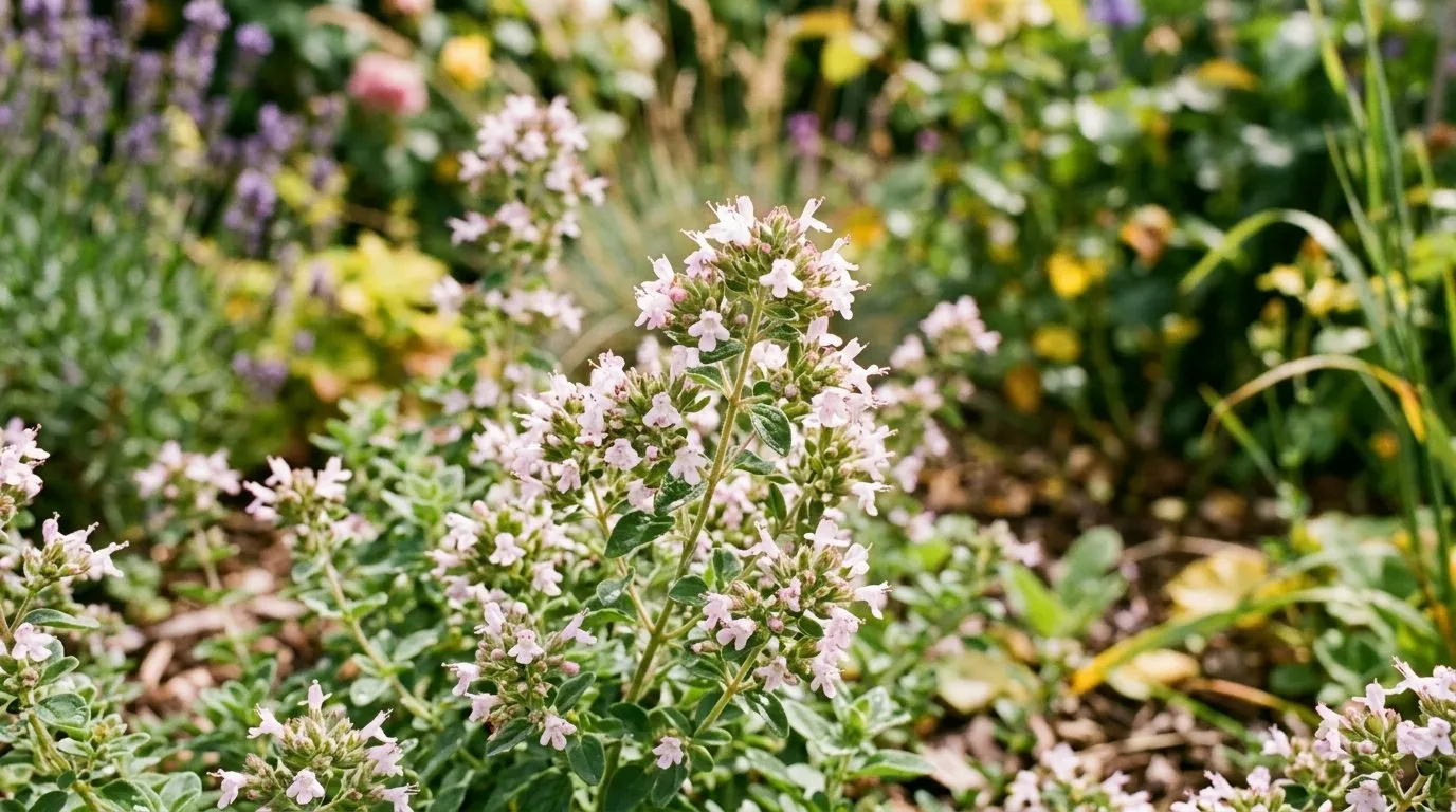 Close-up of marjoram flowering in a UK garden border for marjoram guide