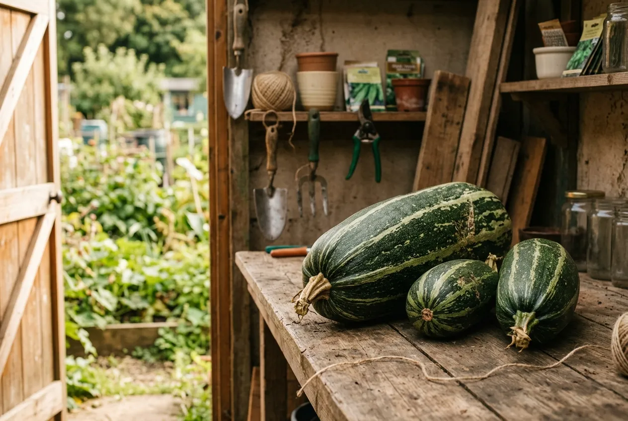 Freshly harvested marrows on a wooden table in a UK allotment shed