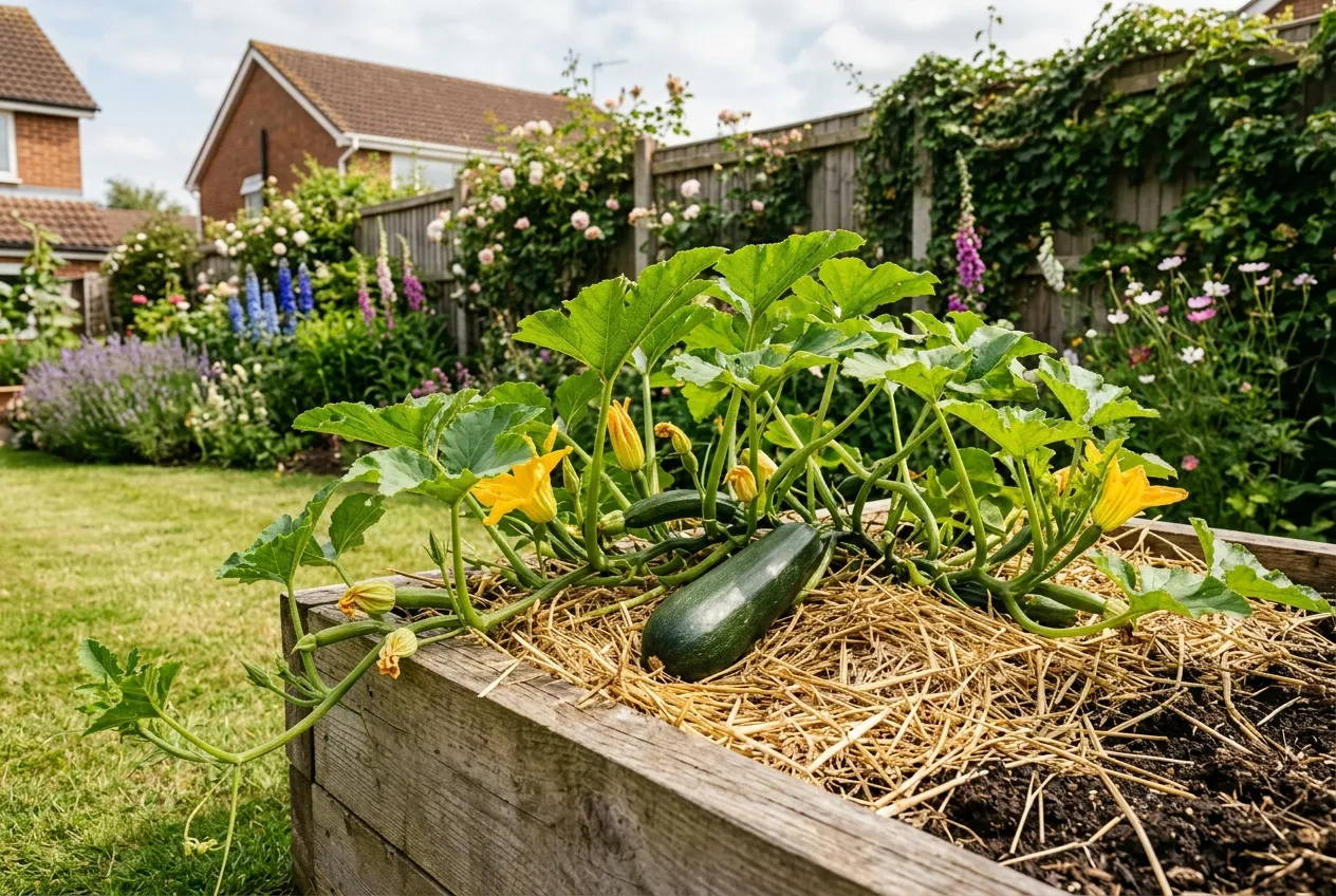 Marrow plant growing in a raised bed in a UK suburban garden with trailing vines and yellow flowers