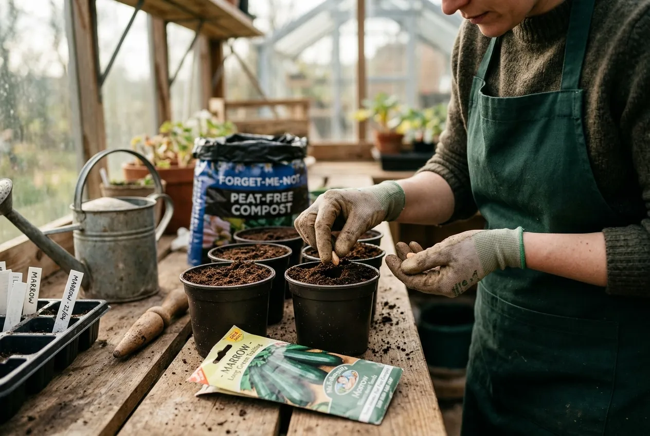 Marrow seeds being sown in pots on a potting bench in a UK greenhouse