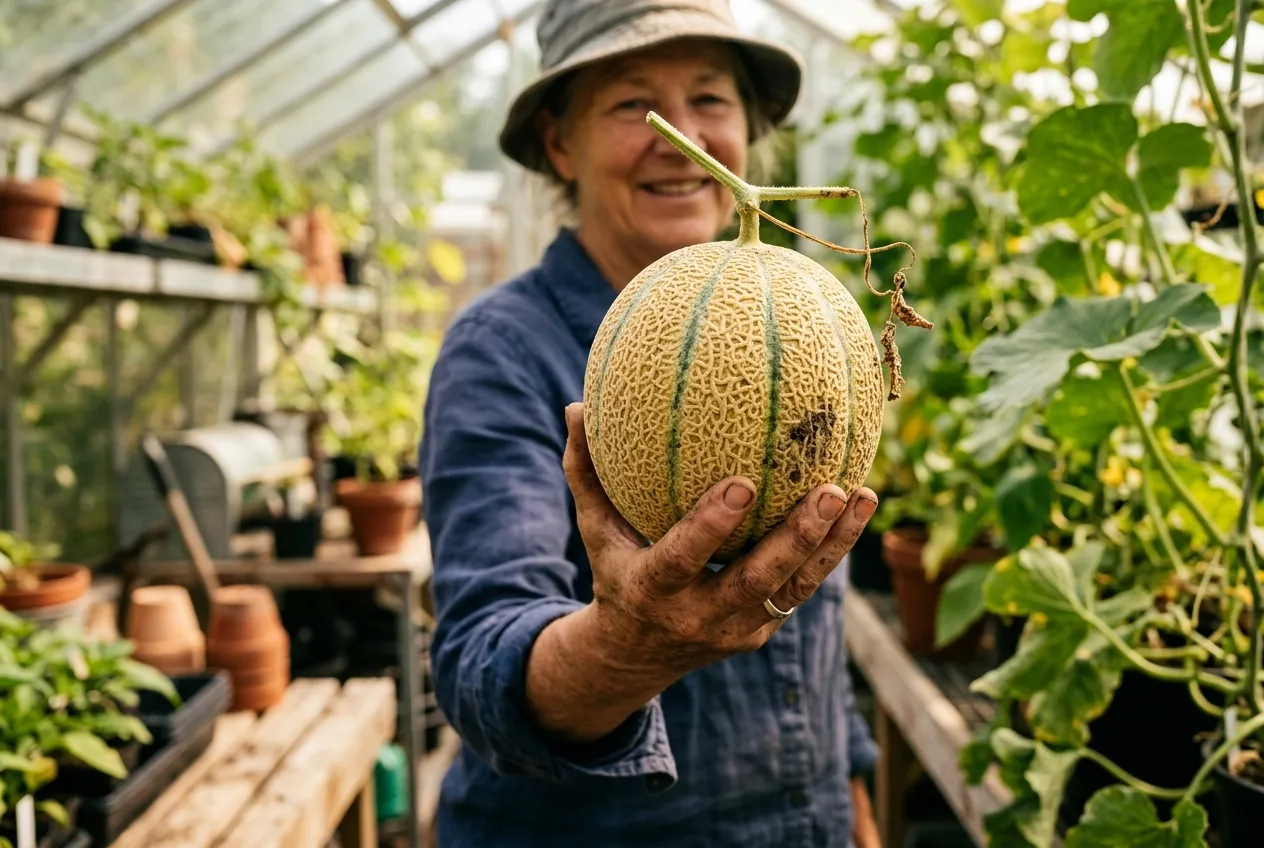 Ripe cantaloupe melon being held by a gardener inside a greenhouse