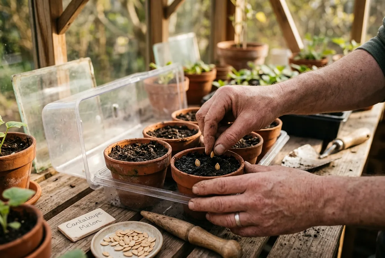 Melon seeds being sown in terracotta pots inside a greenhouse with propagator tray
