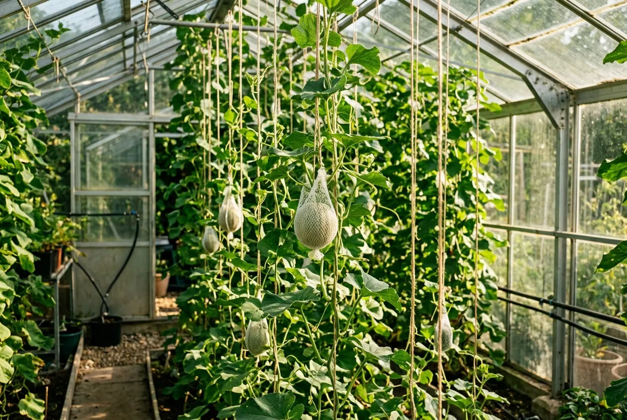 Melon vines trained vertically on string supports inside a greenhouse with developing fruit in slings