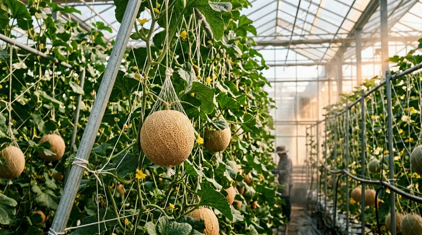 Ripe cantaloupe melons growing on supports inside a greenhouse with green foliage and netting