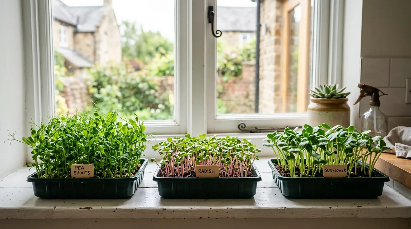 Growing microgreens on a UK kitchen windowsill in trays with pea shoots and radish