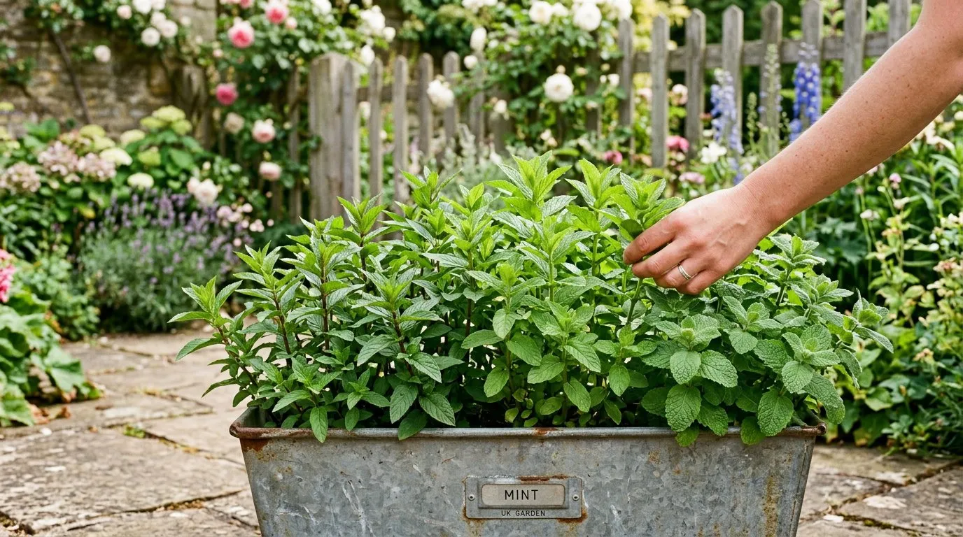Vigorous mint plants growing in a galvanised metal container in a UK garden