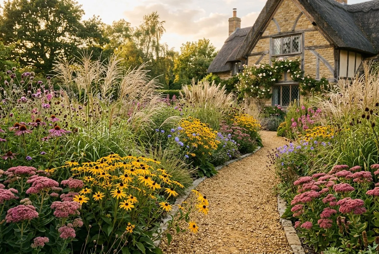 Miscanthus in a mixed prairie-style border with rudbeckia and sedum in a UK cottage garden