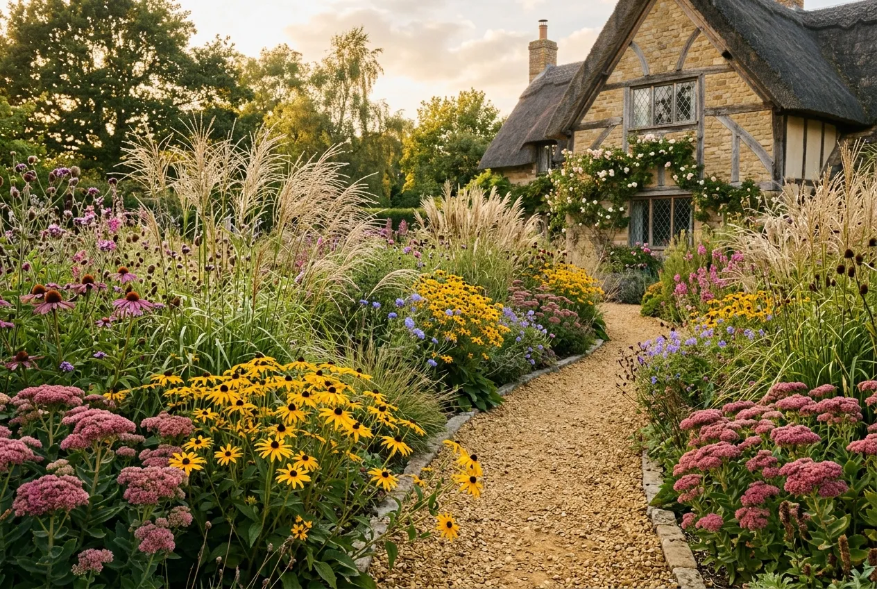 Miscanthus in a mixed prairie-style border with rudbeckia and sedum in a UK cottage garden