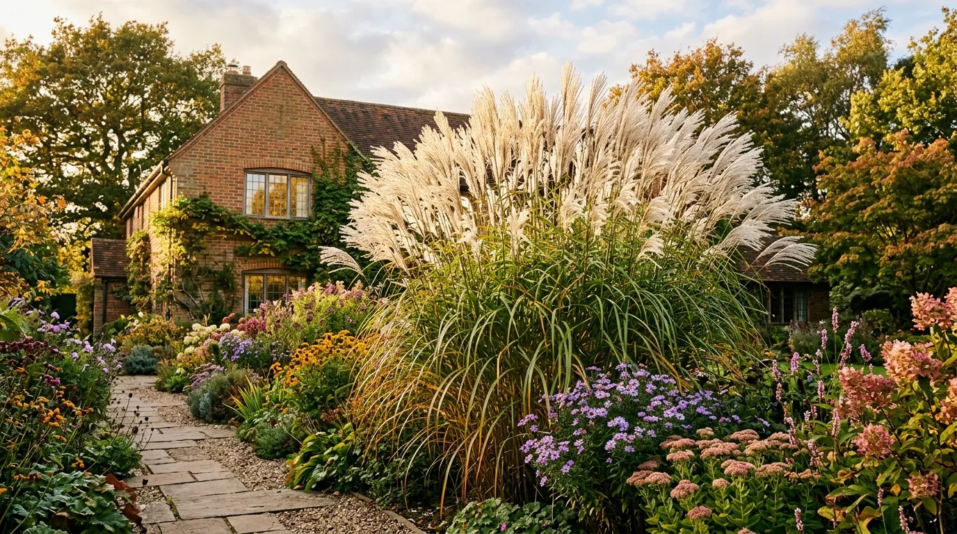 Miscanthus sinensis in full autumn plume catching golden light in an English garden border with perennials and brick house